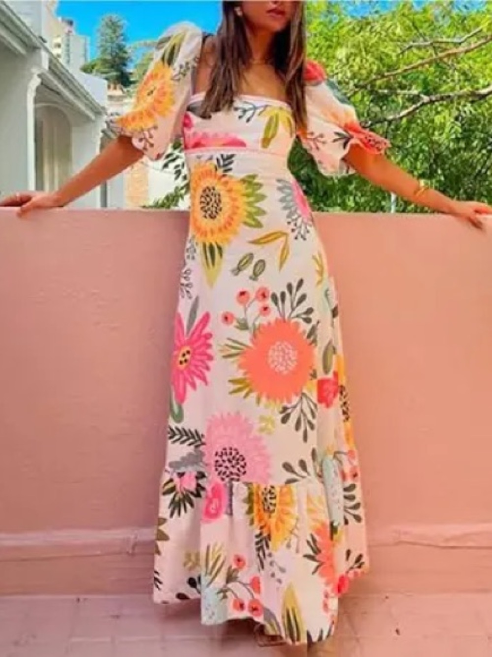 Floral Puff-Sleeve Maxi Dress in White with Multicolor Blooms